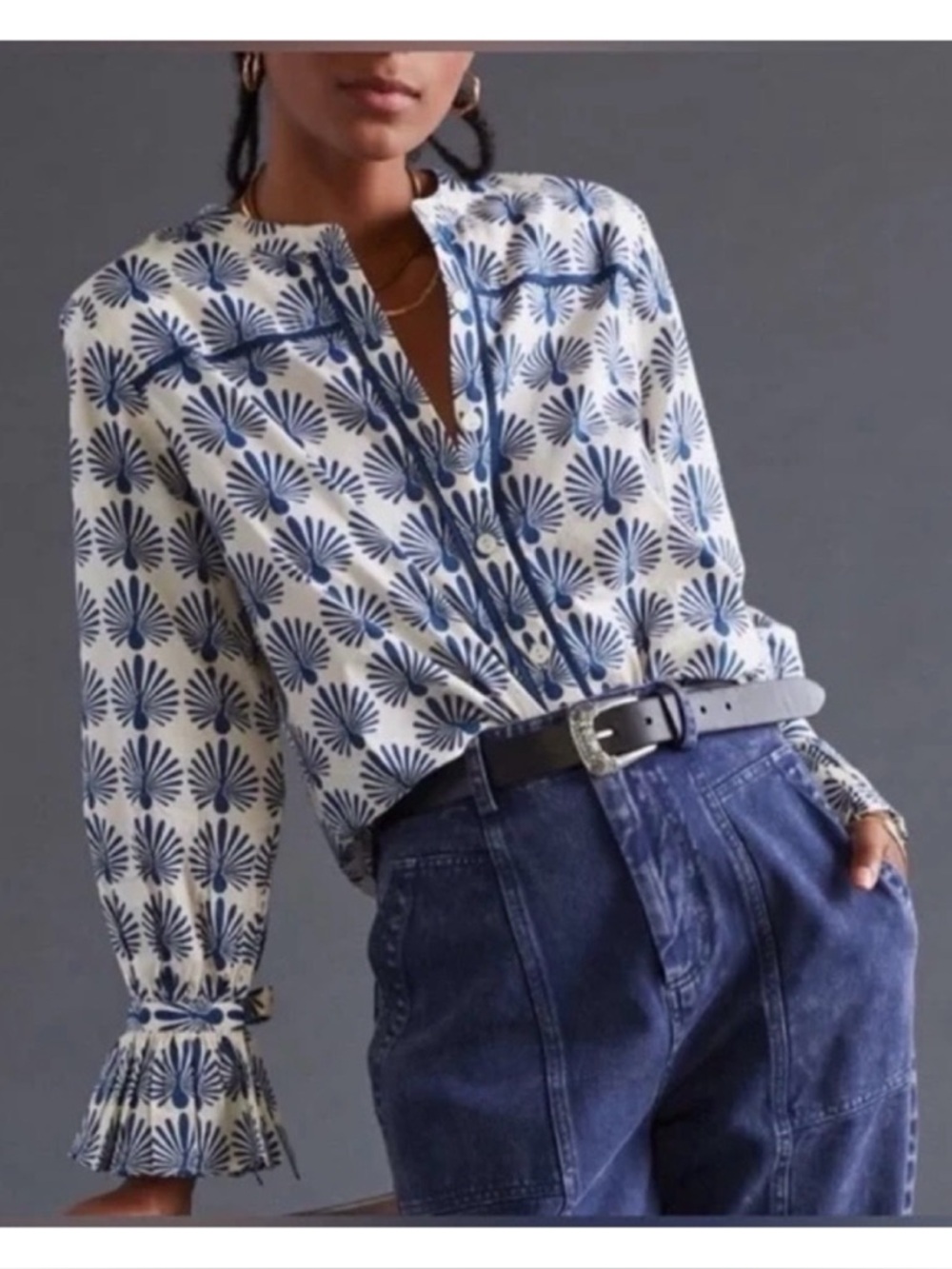 NWOT Anthropologie Porridge Whimsy Cottage Peacock Buttondown in Blue & White  S